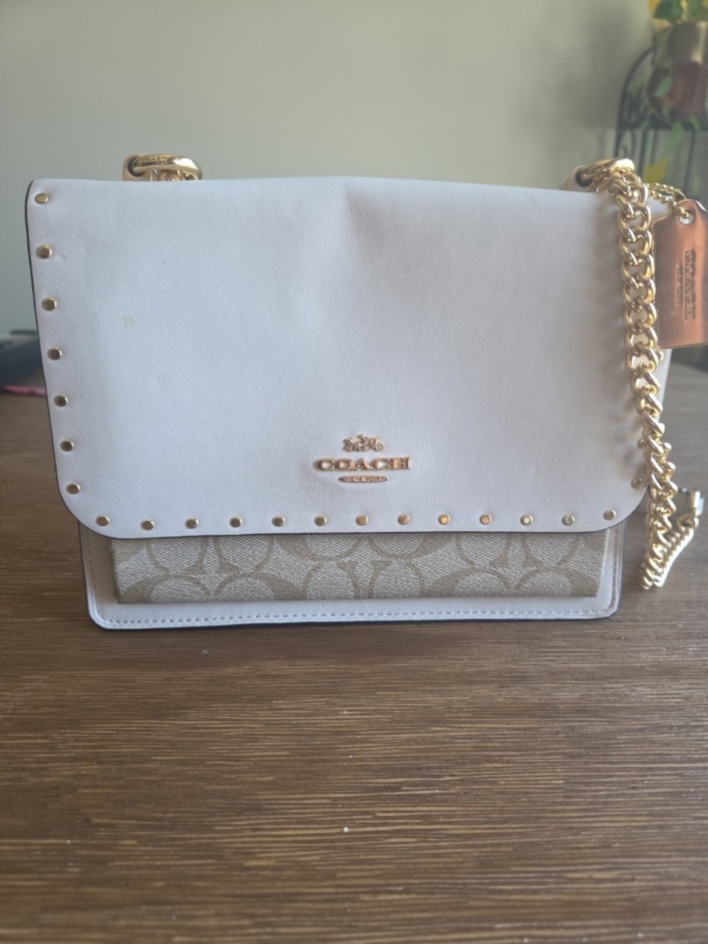 Coach Ivory and Signature Canvas Chain Crossbody with Gold Hardware